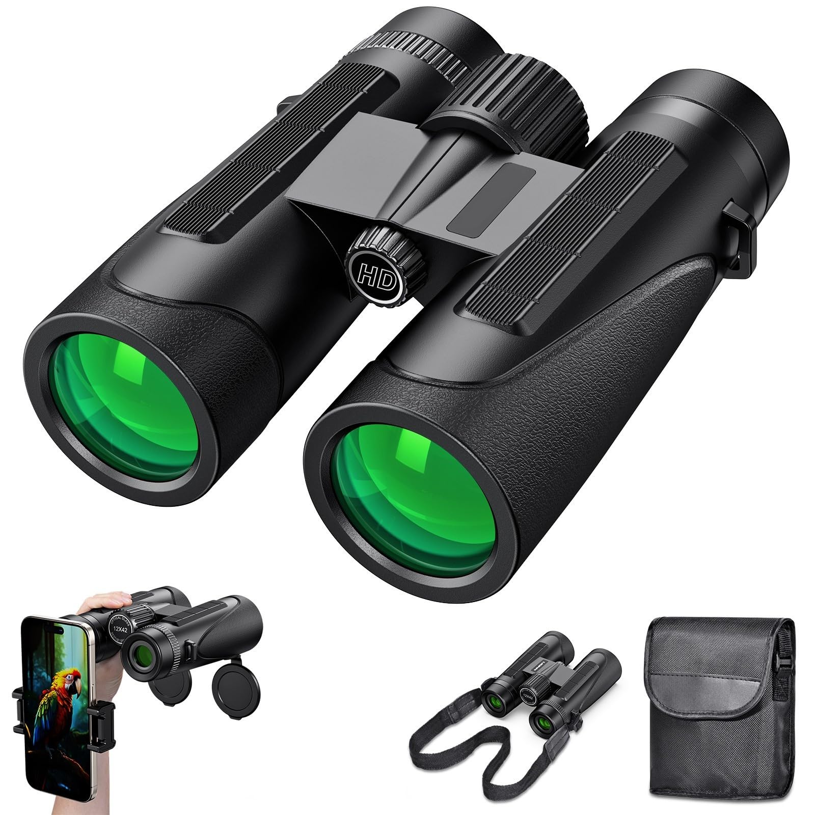 Jumelles Adultes 12x42 Grossissement Fort - Observation Oiseaux, Voyage, Chasse, Concerts, Étoiles (Vert)